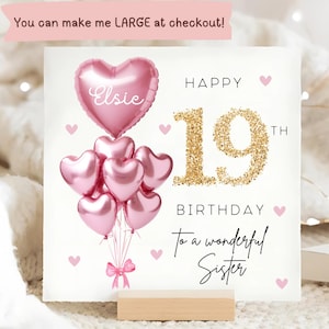 Carte personnalisée d'anniversaire de soeur 19e, carte de ballon d'or rose, soeur a 19 ans, cadeau de dix-neuvième anniversaire, carte d'anniversaire de soeur 19e