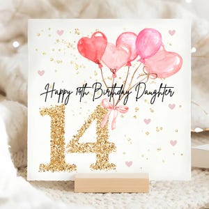 Daughter 14th Pink Balloon Birthday Card, Personalised Daughter 14 Birthday Card, Daughter Pink Fourteenth Card, Daughter Fourteen Birthday