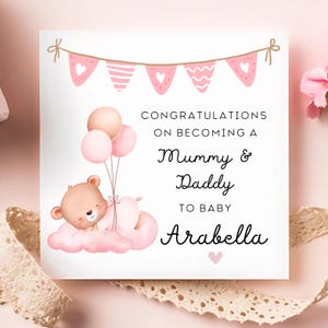 Congrats On Becoming A Mummy & Daddy Card, Pink Newborn Baby Card, Personalised Parents Card, New Baby Born Card, Little Baby Girl Card