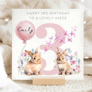 Niece 3rd Birthday Personalised Card, Rabbit & Butterfly 3rd Birthday Card, Personalised Niece Turns Three, Niece Turns 3 Card