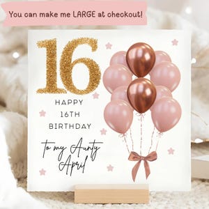 Carte de 16e anniversaire de tante rose marron et ballon doré, carte personnalisée de seizième anniversaire de tante, carte tante a 16 ans, carte Sweet seize ans