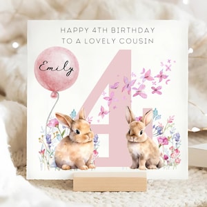 Tarjeta personalizada para el cuarto cumpleaños de un primo, tarjeta de cuarto cumpleaños con forma de conejo y mariposa, tarjeta personalizada para el cuarto cumpleaños de un primo, tarjeta para el cuarto cumpleaños de un primo