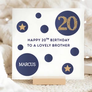 Carte d'anniversaire frère 20e bleu et or, carte d'anniversaire personnalisée frère 20 ans, carte d'anniversaire frère vingtième, carte frère a vingt ans