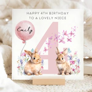 Carte personnalisée pour 4e anniversaire de nièce, carte 4e anniversaire lapin et papillon, carte personnalisée pour nièce fête ses 4 ans, nièce