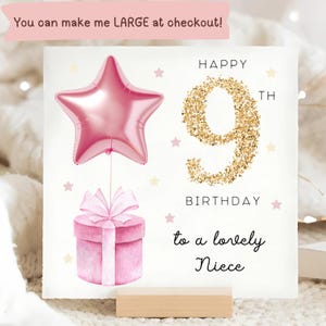 Carte d'anniversaire nièce de 9 ans, carte ballon rose avec étoile, nièce a 9 ans, carte de neuvième anniversaire nièce, neuf ans, carte ballon étoile, son anniversaire