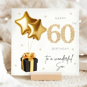 Carte d'anniversaire 60 ans noir et or, carte d'anniversaire de soixante fils, soixantième anniversaire de fils, fils qui fête ses 60 ans, ballon feuille d'or, carte à notre fils