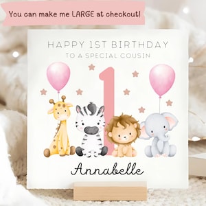 Cousin 1st Birthday Personalised Animal Card, Wonderful Little Cousin, Baby Girl Birthday Card, Special Pink Birthday Card