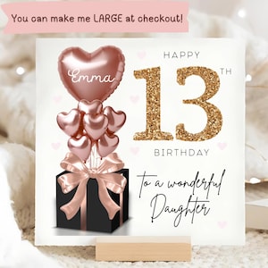 Carte personnalisée de 13e anniversaire de fille, carte ballon noir or rose, fille de 13 ans, cadeau de 13e anniversaire, 13e anniversaire de fille