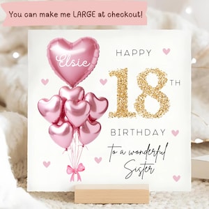 Tarjeta personalizada para el cumpleaños número 18 de tu hermana, tarjeta con globo dorado rosa, la hermana cumple 18 años, regalo para el decimoctavo cumpleaños, cumpleaños número 18 de tu hermana, dieciocho