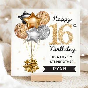 Carte personnalisée de 16e anniversaire de demi-frère, carte ballon or noir, beau-frère a 16 ans, cadeau de seizième anniversaire, demi-frère 16e anniversaire