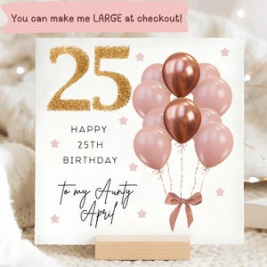 Carte d'anniversaire de 25e tante rose marron et ballon doré, carte personnalisée de 25e anniversaire de tante, carte tante a 25 ans, cadeau 25e tante