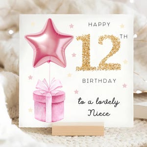 Carte de 12 ans nièce, carte ballon étoile métallisée rose, nièce a 12 ans, carte de douzième anniversaire nièce, cadeau de douze nièce, carte fille nièce