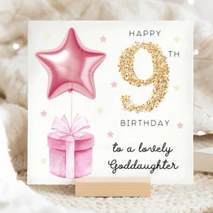 Carte d'anniversaire petite-fille 9 ans, carte ballon étoile feuille rose, petite-fille a 9 ans, carte d'anniversaire petite-fille neuvième, petite-fille a neuf ans