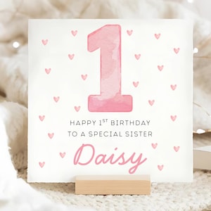 1ère carte d'anniversaire coeurs roses pour soeur, carte d'anniversaire personnalisée pour 1er anniversaire de soeur, soeur fête ses un an, premier anniversaire de sa soeur