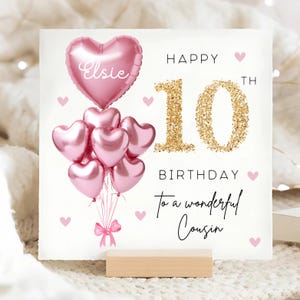 Tarjeta personalizada para el décimo cumpleaños de un primo, tarjeta con globo dorado rosa, el primo cumple 10 años, regalo del décimo cumpleaños, tarjeta para el décimo primo, tarjeta para el décimo cumpleaños de un primo