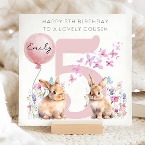 Cousin 5th Birthday Personalised Card, Rabbit & Butterfly 5th Birthday Card, Personalised Cousin Turns Five, Cousin Is 5 Years Old