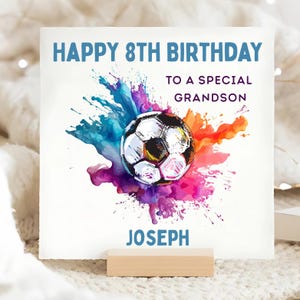 Carte d'anniversaire de petit-fils 8 ans, personnalisée petit-fils a 8 ans, huitième carte colorée de football de petit-fils, petit-fils spécial