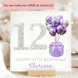 Carte personnalisée 12e anniversaire paillettes argentées, carte 12e anniversaire femme, carte douzième anniversaire petite fille, carte elle a douze ans, violet