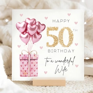 Carte ballon rose feuille 50e anniversaire de femme, joyeux 50e anniversaire de femme, carte d'anniversaire de femme, carte personnalisée de cinquante ans, femme cinquantième anniversaire