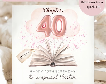 May include: A birthday card with a watercolor design. The card features a pink balloon shaped like the number 40, a book, and the text "Happy 40th Birthday to a special Sister." A tag reads "Kirsty."