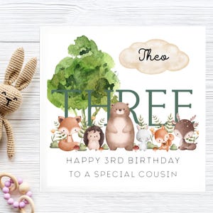 Cousin 3rd Birthday Woodland Animal Card, Personalised Cousin Three Card, Cousin Third Birthday Card, Lovely Cousin Birthday Card