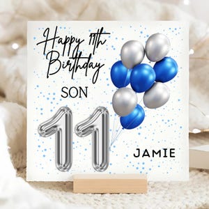 Son 11th Birthday Balloon Card, Personalised 11 Year Old Boy Card, Son Turns Eleven Card, Blue Foil Balloon Card, Gift For Son, From Mum Dad