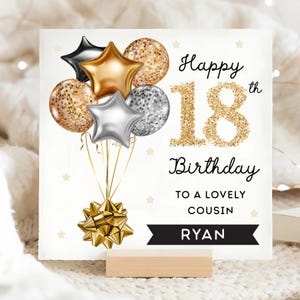 Cousin 18th Birthday Personalised Card, Gold Black Balloon Card, Cousin is 18, Eighteenth Birthday Gift, Cousin 18th Birthday Card