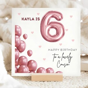 Cousin 6th Brown Pink Balloons Birthday Card, Personalised Cousin 6 Birthday, Cousin Sixth Birthday Card, Cousin Is Six Card, Cousin Gift
