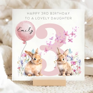 Daughter 3rd Birthday Personalised Card, Rabbit & Butterfly 3rd Birthday Card, Personalised Daughter Turns Three, Daughter 3 Years Old