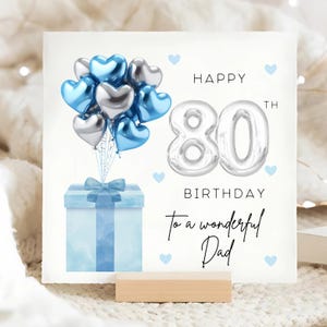Papa 80e carte ballon bleu argenté, merveilleux papa a quatre-vingts ans, pour son anniversaire, carte d'anniversaire de papa ballon en aluminium, carte des quatre-vingts ans papa