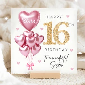 Sister 16th Birthday Personalised Card, Pink Gold Balloon Card, Sister is 16, Sixteenth Birthday Gift, Sister 16th Birthday, Sixteen Card