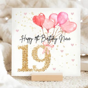 Carte d'anniversaire ballon rose nièce 19e, carte d'anniversaire nièce 19e personnalisée, nièce XIXe, cadeau d'anniversaire nièce 19e, joli cadeau nièce