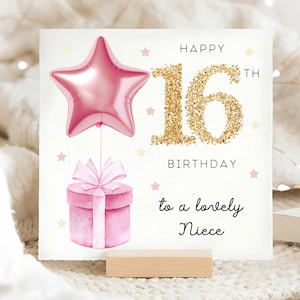 Carte de 16e anniversaire nièce, carte ballon étoile feuille rose, nièce a 16 ans, carte seizième anniversaire nièce, carte nièce 16e, jolie carte nièce