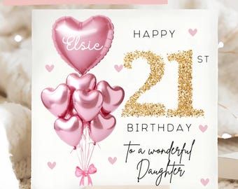 Carte personnalisée de 21e anniversaire de fille, carte ballon en or rose, fille de 21 ans, cadeau de 21e anniversaire, carte de 21e anniversaire de fille