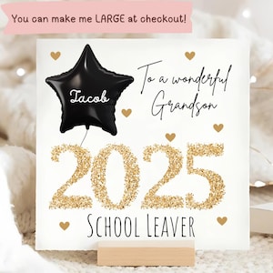 Grandson 2025 School Leaver Card, Personalised Black Gold Balloon Card, Wonderful Grandson School Leaving Card, Grandson Congrats Gift