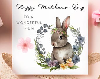 Wonderful Mum Mothers Day Card, Rabbit Flower Mothers Day Card, Mummy Mothers Day Card, From Your Son, From Your Daughter, Cute Bunny Card