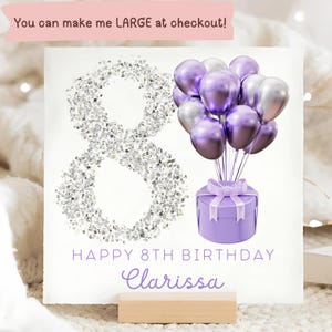 Personalised 8th Birthday Silver Glitter Card, Female 8th Birthday Card, Little Girl Eighth Birthday Card, She Is Eight Card, Purple Balloon