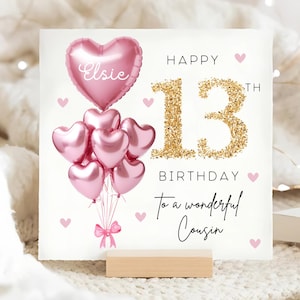 Cousin 13th Birthday Personalised Card, Pink Gold Balloon Card, Cousin is 13, Thirteenth Birthday Gift, Cousin 13th Birthday Card