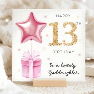 Carte de 13e anniversaire de ma filleule, carte rose ballon étoile, filleule a 13 ans, carte d'anniversaire de treize filleule, filleule de treize