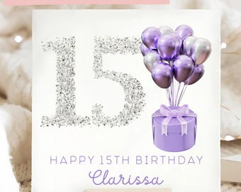 Personalised 15th Birthday Silver Glitter Card, Female 15th Birthday Card, Little Girl Fifteenth Birthday Card, She Is Fifteen Card, 15