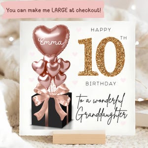 Carte personnalisée 10e anniversaire de petite-fille, carte ballon noir or rose, petite-fille a 10 ans, cadeau dixième anniversaire, petite-fille 10e