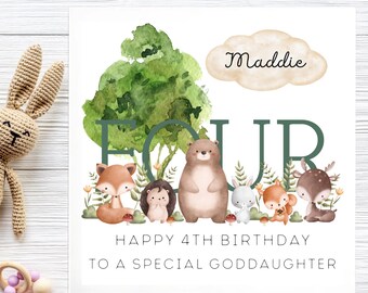 Goddaughter 4th Birthday Woodland Animal Card, Personalised Goddaughter Four Card, Goddaughter Fourth Birthday Card, Lovely Goddaughter
