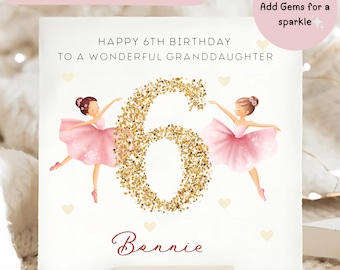 Tarjeta personalizada de bailarina para el sexto cumpleaños de tu nieta, con diamantes, para su sexto cumpleaños.