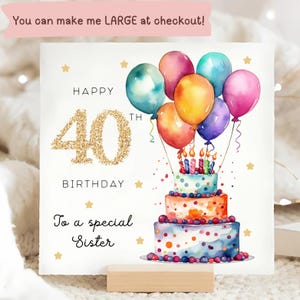 Soeur 40e anniversaire ballon multicolore, carte d'anniversaire soeur personnalisée, soeur a quarante ans, soeur a 40 ans cadeau, carte d'étape soeur