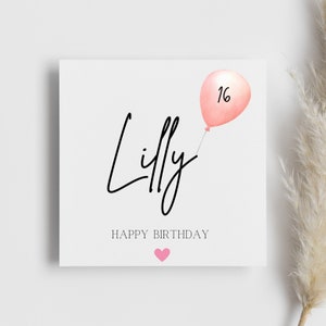 Personalised Birthday Balloon card with age, pink balloon, name, for her, card for cousin, sister, aunt, friend, wife, girlfriend
