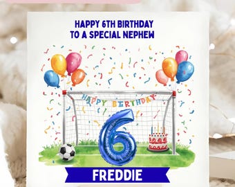 Tarjeta de cumpleaños número 6 para mi sobrino (con temática de fútbol), Tarjeta para mi sobrino cumple 6 años, Tarjeta para fiesta de cumpleaños número 6 de mi sobrino (con temática de fútbol), Tarjeta con pastel de gol con globos, Regalo de fútbol