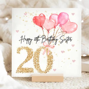 Carte d'anniversaire ballon rose 20e soeur, carte d'anniversaire personnalisée 20e soeur, 20e soeur, cadeau d'anniversaire de soeur 20e, carte soeur a 20 ans