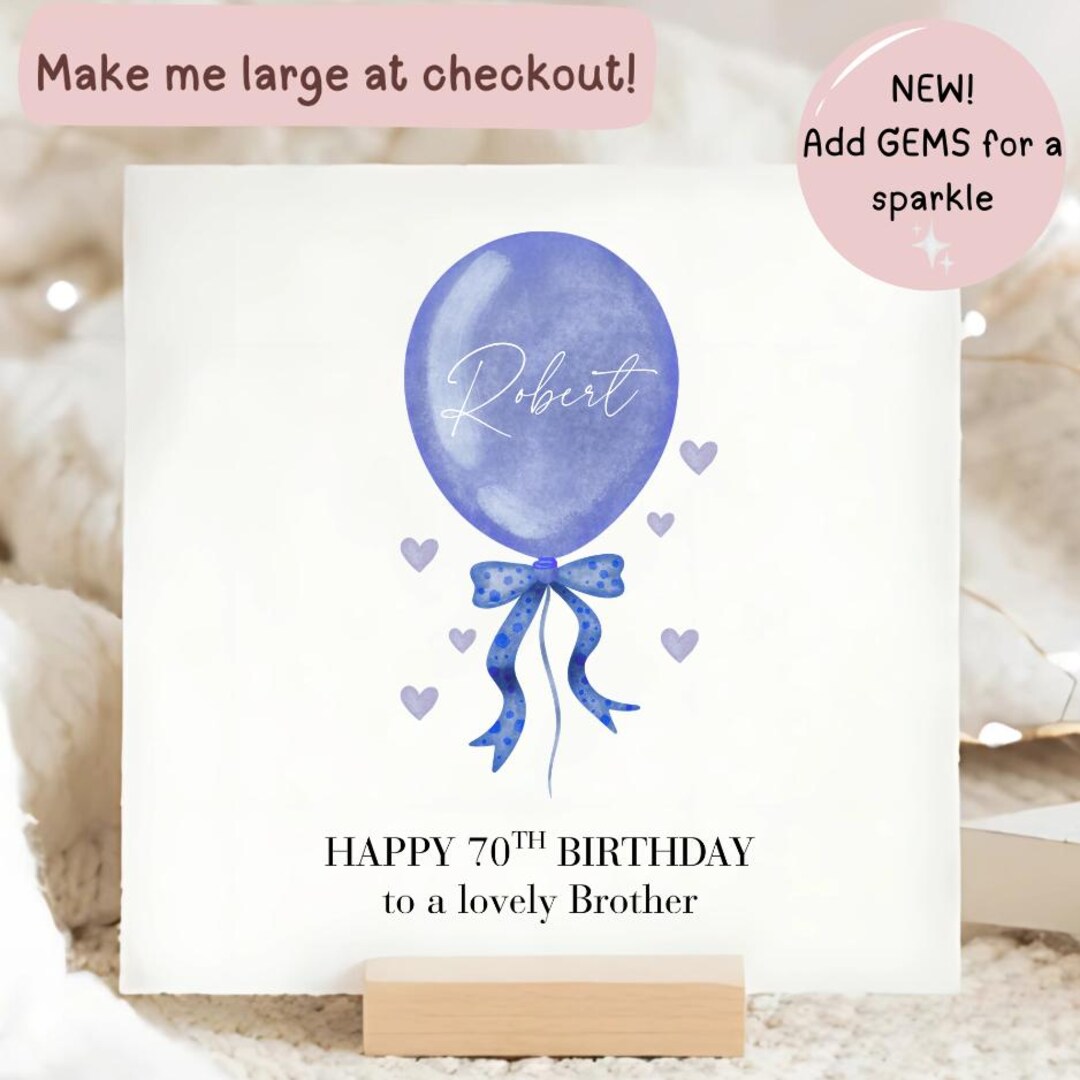 Personalised 70th Gems Birthday Card, Male Blue Balloon, Diamante Card ...