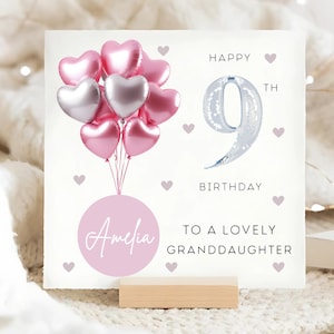 Carte personnalisée de 9e anniversaire de petite-fille, carte ballon en argent rose, petite-fille a 9 ans, cadeau de neuvième anniversaire, petite-fille a neuf ans