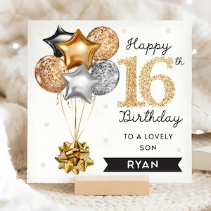 Tarjeta personalizada para el 16.º cumpleaños de mi hijo, tarjeta con globo dorado y negro, regalo para su decimosexto cumpleaños, tarjeta maravillosa para su hijo.